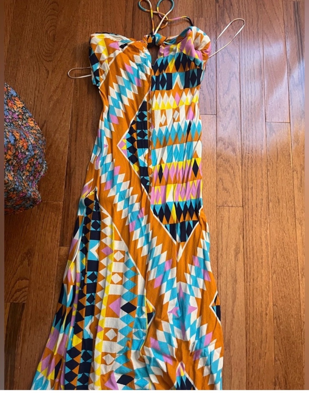 Zara Strapless Geometric Maxi Dress in Mustard, Blue & Pink